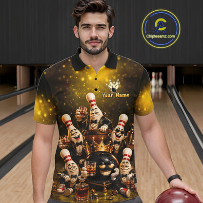 Yellow Funny Crown Bowling Ball Bourbon Vintage Bowling Shirts for Men Custom Bowling Team Jersey TDM7475