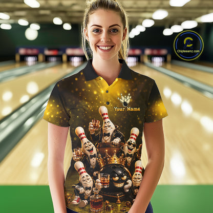 Yellow Funny Crown Bowling Ball Bourbon Vintage Bowling Shirts for Women Custom Bowling Team Jersey TDM7475