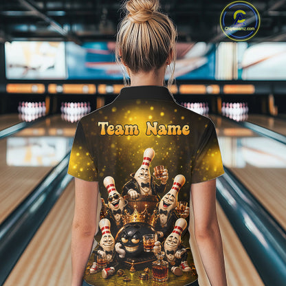 Yellow Funny Crown Bowling Ball Bourbon Vintage Bowling Shirts for Women Custom Bowling Team Jersey TDM7475