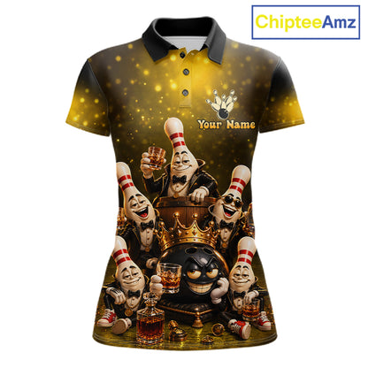 Yellow Funny Crown Bowling Ball Bourbon Vintage Bowling Shirts for Women Custom Bowling Team Jersey TDM7475