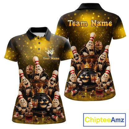 Yellow Funny Crown Bowling Ball Bourbon Vintage Bowling Shirts for Women Custom Bowling Team Jersey TDM7475