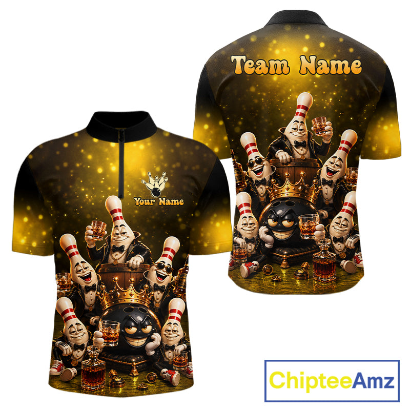 Yellow Funny Crown Bowling Ball Bourbon Vintage Bowling Shirts for Men Custom Bowling Team Jersey TDM7475
