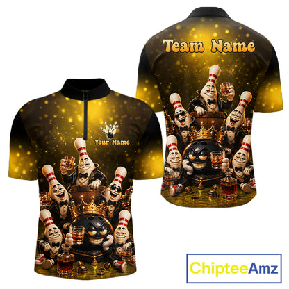 Yellow Funny Crown Bowling Ball Bourbon Vintage Bowling Shirts for Men Custom Bowling Team Jersey TDM7475