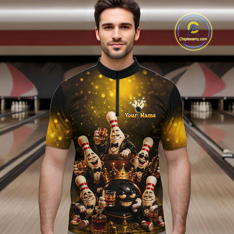 Yellow Funny Crown Bowling Ball Bourbon Vintage Bowling Shirts for Men Custom Bowling Team Jersey TDM7475