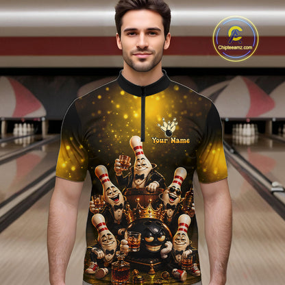 Yellow Funny Crown Bowling Ball Bourbon Vintage Bowling Shirts for Men Custom Bowling Team Jersey TDM7475