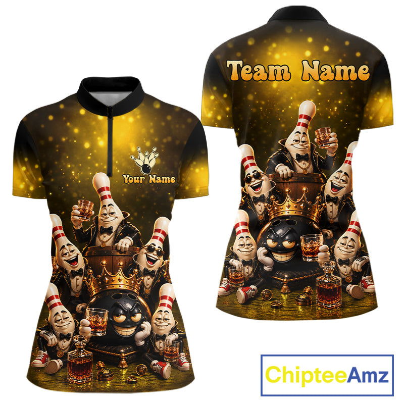 Yellow Funny Crown Bowling Ball Bourbon Vintage Bowling Shirts for Women Custom Bowling Team Jersey TDM7475