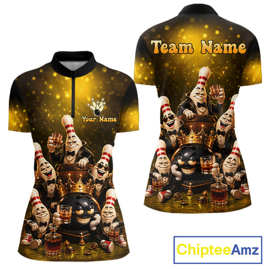 Yellow Funny Crown Bowling Ball Bourbon Vintage Bowling Shirts for Women Custom Bowling Team Jersey TDM7475