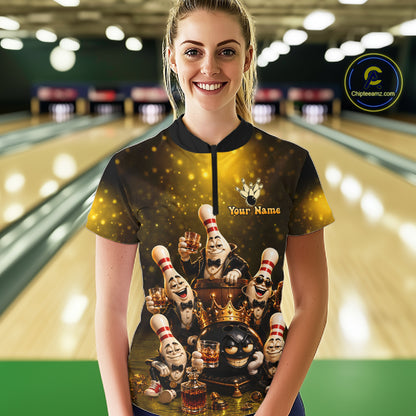 Yellow Funny Crown Bowling Ball Bourbon Vintage Bowling Shirts for Women Custom Bowling Team Jersey TDM7475