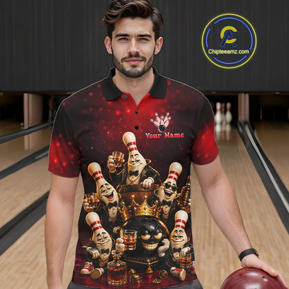 Red Funny Crown Bowling Ball Bourbon Vintage Bowling Shirts for Men Custom Bowling Team Jersey TDM7476
