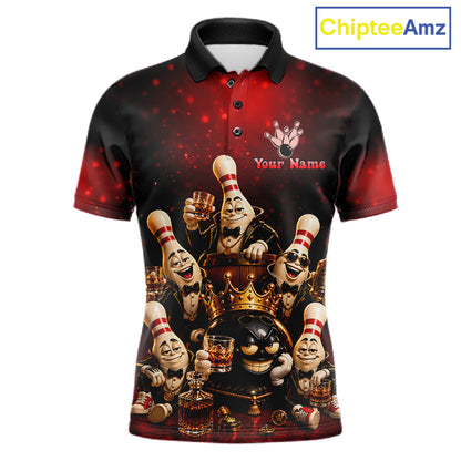 Red Funny Crown Bowling Ball Bourbon Vintage Bowling Shirts for Men Custom Bowling Team Jersey TDM7476