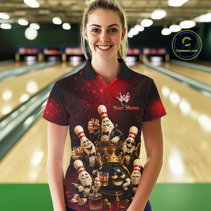 Red Funny Crown Bowling Ball Bourbon Vintage Bowling Shirts for Women Custom Bowling Team Jersey TDM7476