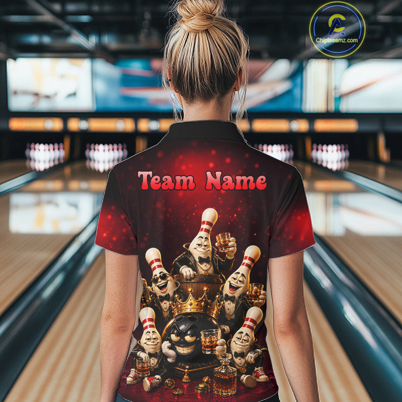 Red Funny Crown Bowling Ball Bourbon Vintage Bowling Shirts for Women Custom Bowling Team Jersey TDM7476