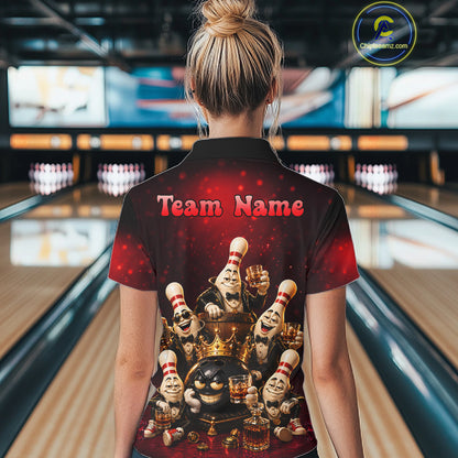 Red Funny Crown Bowling Ball Bourbon Vintage Bowling Shirts for Women Custom Bowling Team Jersey TDM7476