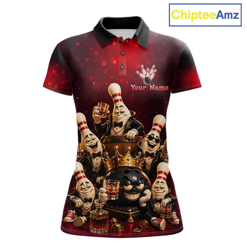 Red Funny Crown Bowling Ball Bourbon Vintage Bowling Shirts for Women Custom Bowling Team Jersey TDM7476
