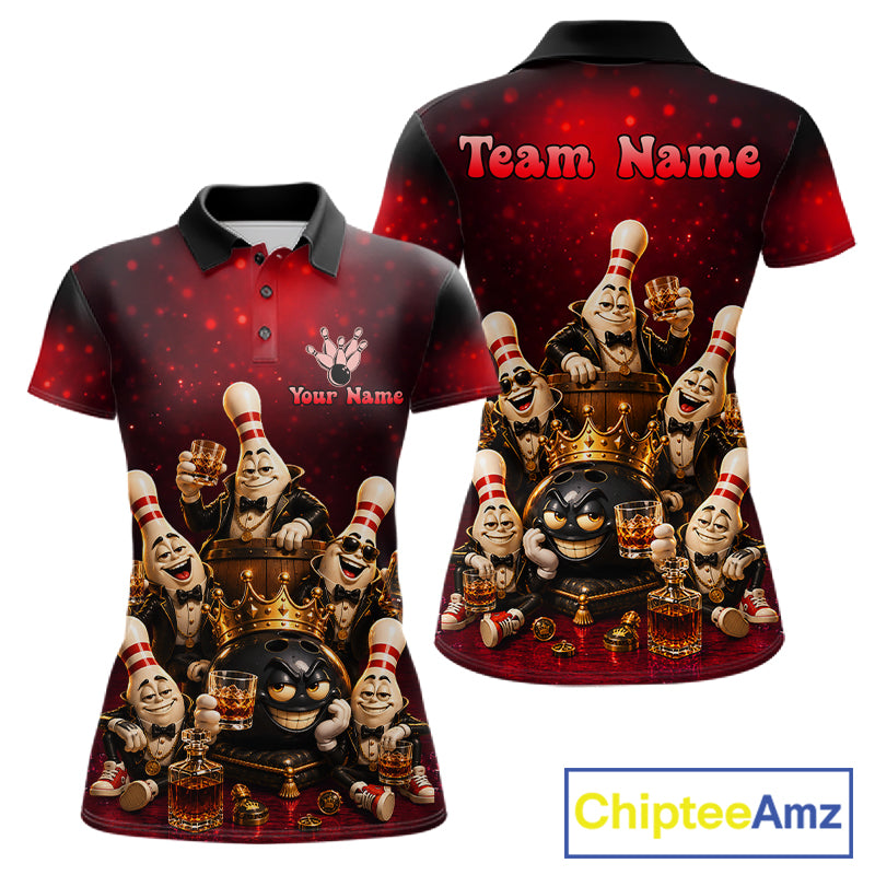 Red Funny Crown Bowling Ball Bourbon Vintage Bowling Shirts for Women Custom Bowling Team Jersey TDM7476