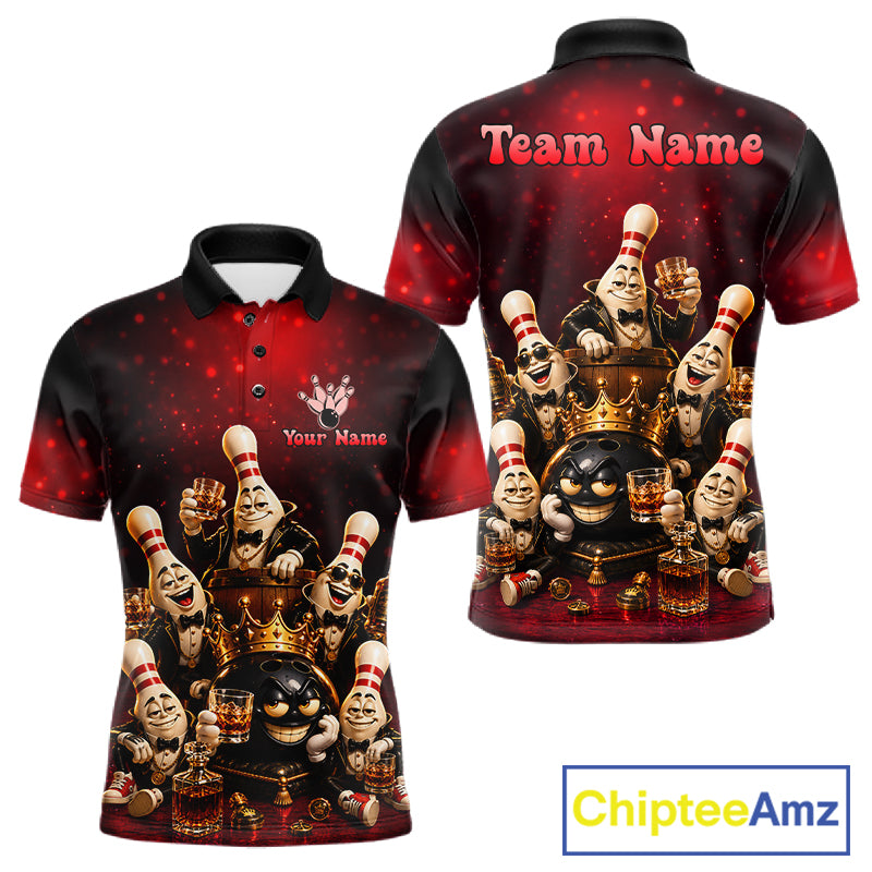 Red Funny Crown Bowling Ball Bourbon Vintage Bowling Shirts for Men Custom Bowling Team Jersey TDM7476