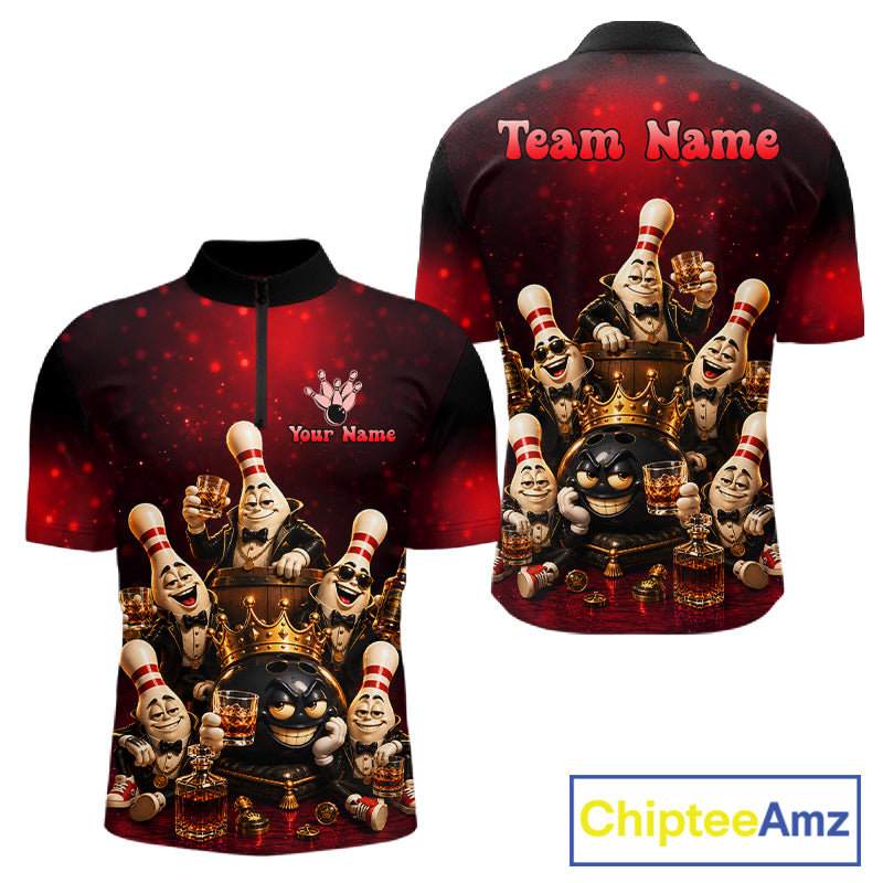 Red Funny Crown Bowling Ball Bourbon Vintage Bowling Shirts for Men Custom Bowling Team Jersey TDM7476