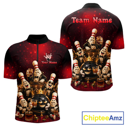 Red Funny Crown Bowling Ball Bourbon Vintage Bowling Shirts for Men Custom Bowling Team Jersey TDM7476