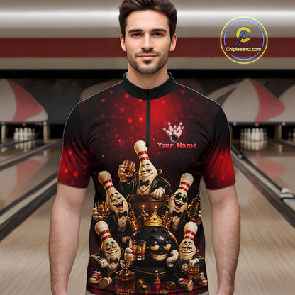 Red Funny Crown Bowling Ball Bourbon Vintage Bowling Shirts for Men Custom Bowling Team Jersey TDM7476