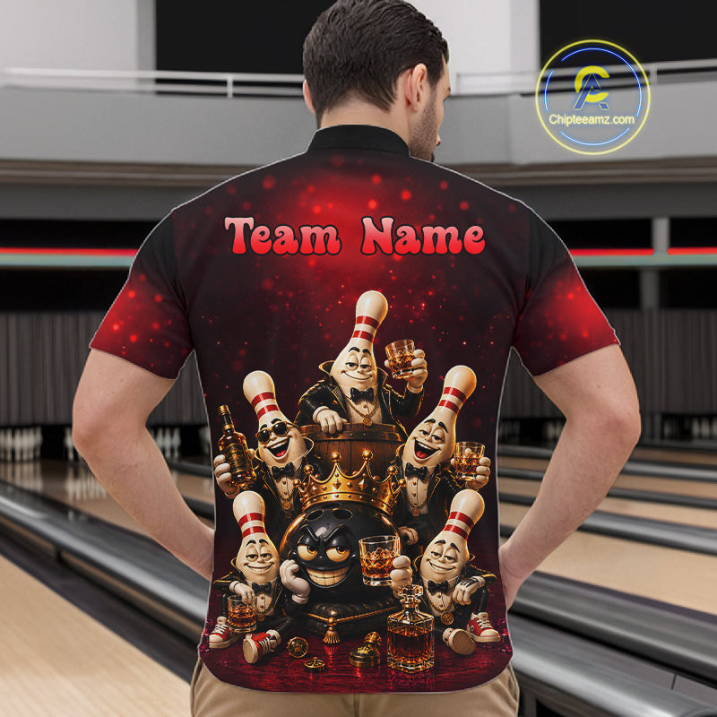 Red Funny Crown Bowling Ball Bourbon Vintage Bowling Shirts for Men Custom Bowling Team Jersey TDM7476