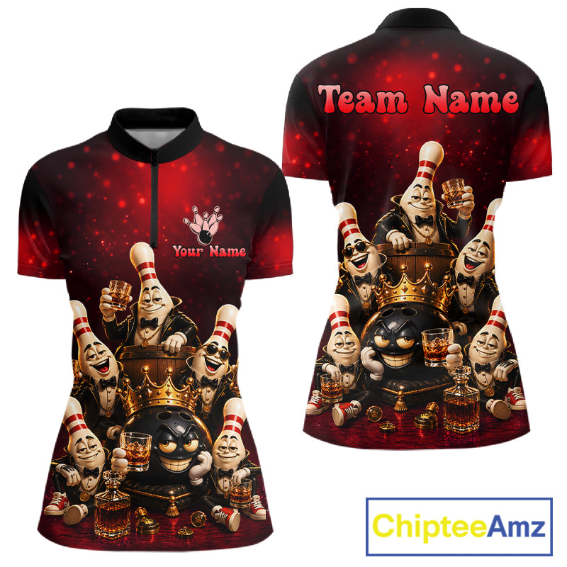 Red Funny Crown Bowling Ball Bourbon Vintage Bowling Shirts for Women Custom Bowling Team Jersey TDM7476