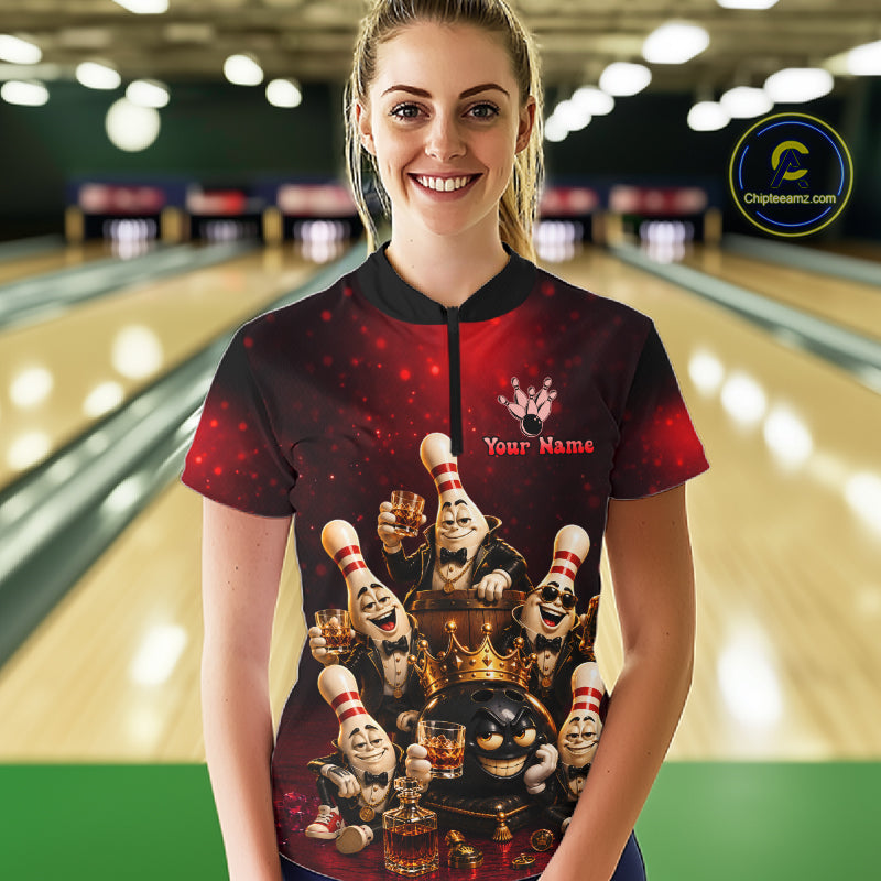 Red Funny Crown Bowling Ball Bourbon Vintage Bowling Shirts for Women Custom Bowling Team Jersey TDM7476