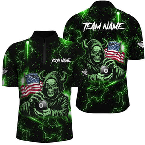 Green Skull Thunder Lightning US Flag Custom Men Billiard Shirts, Patriotic Billiard Team Jerseys TDM2709