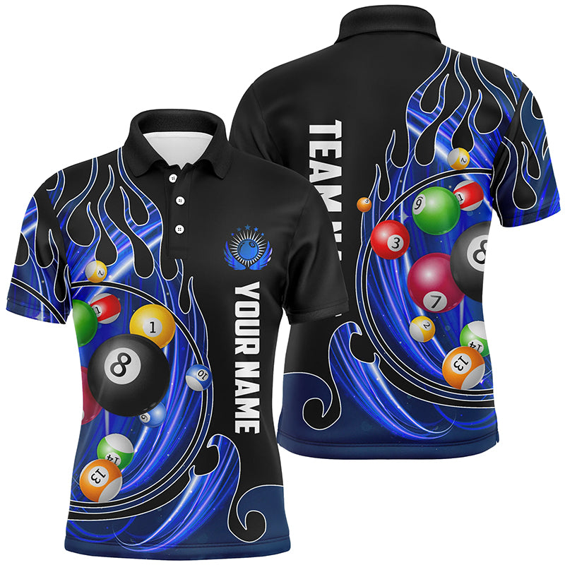 3D Billiard Balls Fire Flame Custom Pool Shirts For Men, Billiard League Team Jerseys | Blue TDM2719