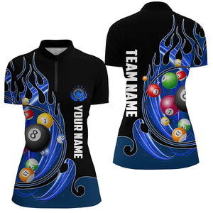 3D Billiard Balls Fire Flame Custom Pool Shirts For Women, Billiard League Team Jerseys | Blue TDM2719