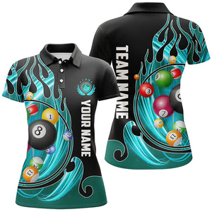 3D Billiard Balls Fire Flame Custom Pool Shirts For Women, Billiard League Team Jerseys | Cyan TDM2720