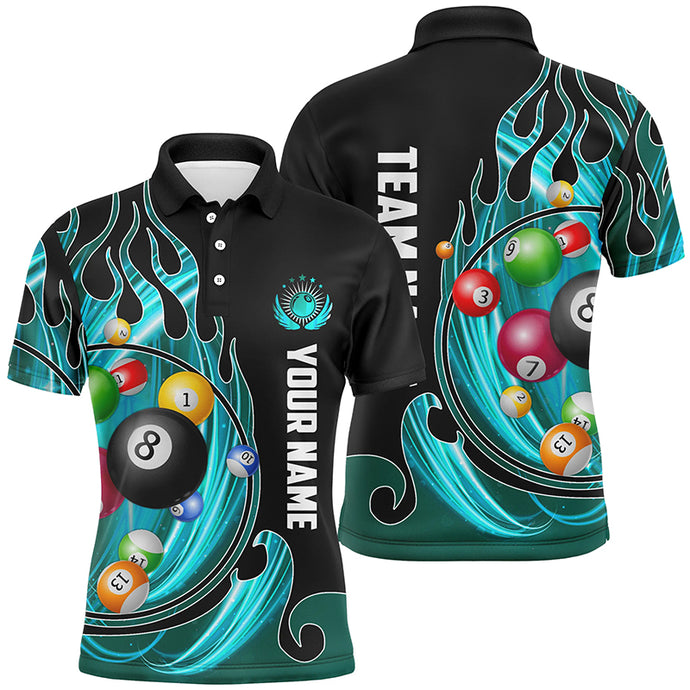 3D Billiard Balls Fire Flame Custom Pool Shirts For Men, Billiard League Team Jerseys | Cyan TDM2720