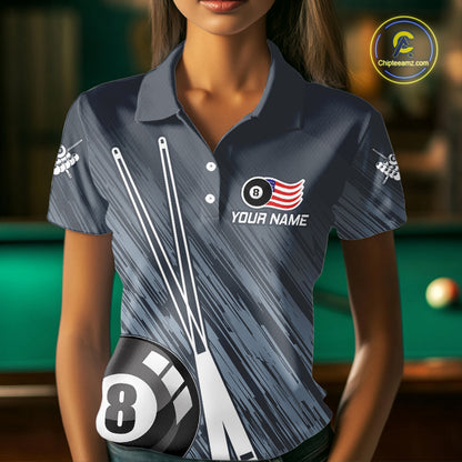 Personalized Billiard US Flag 8 Ball Pool Shirt For Women, Billiard Team Jersey Polo & 1/4 Zip TDM4989