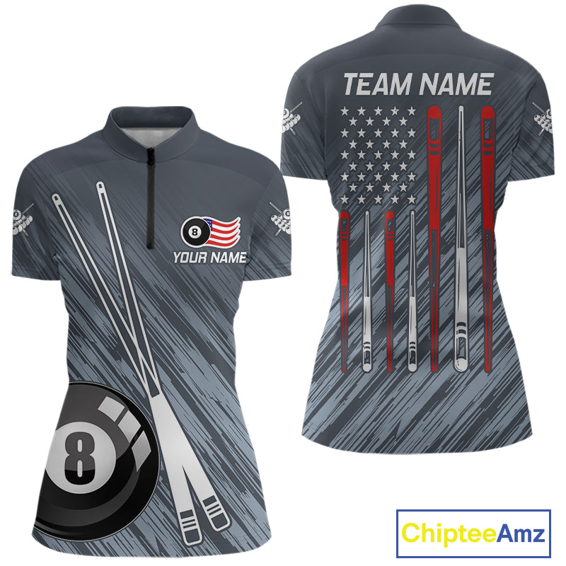 Personalized Billiard US Flag 8 Ball Pool Shirt For Women, Billiard Team Jersey Polo & 1/4 Zip TDM4989