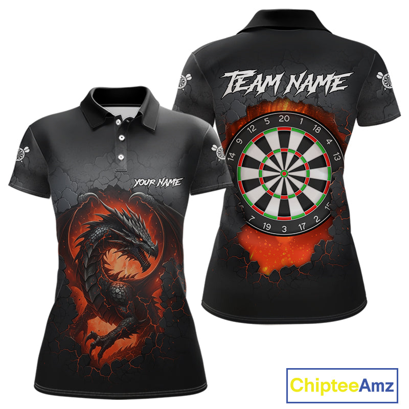 Personalized Grunge Dragon Womens Dart Shirts Custom Black Grey Dart Jerseys Team Polo & 1/4 Zip TDM5180