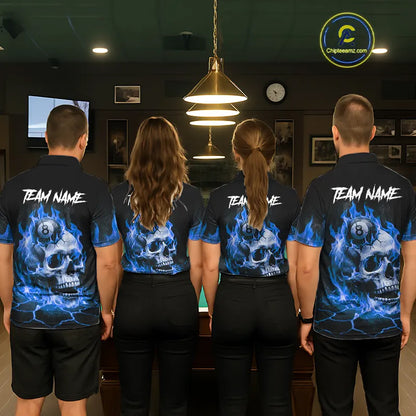 Blue Flaming Skull 8 Ball Billiard Shirt For Men Custom Pool Team Jersey Polo & Quarter Zip TDM5422