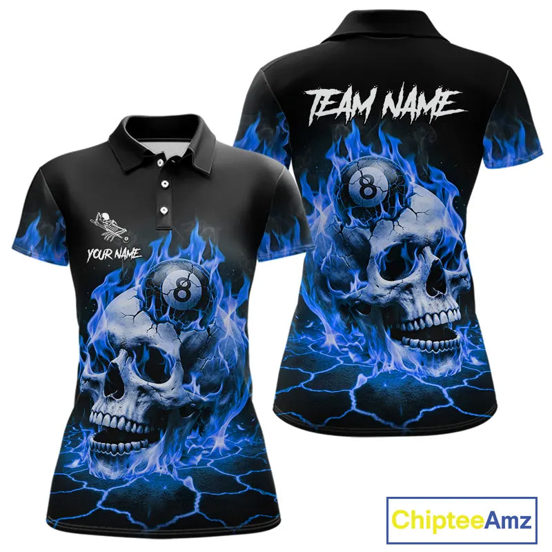 Blue Flaming Skull 8 Ball Billiard Shirt For Women Custom Pool Team Jersey Polo & Quarter Zip TDM5422