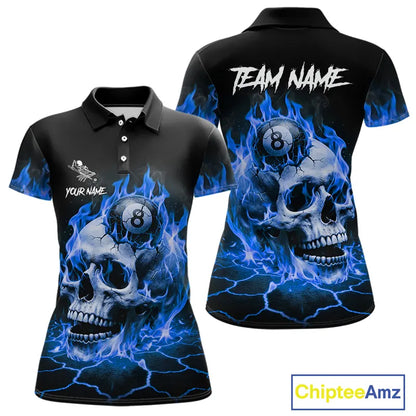 Blue Flaming Skull 8 Ball Billiard Shirt For Women Custom Pool Team Jersey Polo & Quarter Zip TDM5422