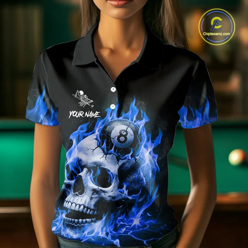 Blue Flaming Skull 8 Ball Billiard Shirt For Women Custom Pool Team Jersey Polo & Quarter Zip TDM5422