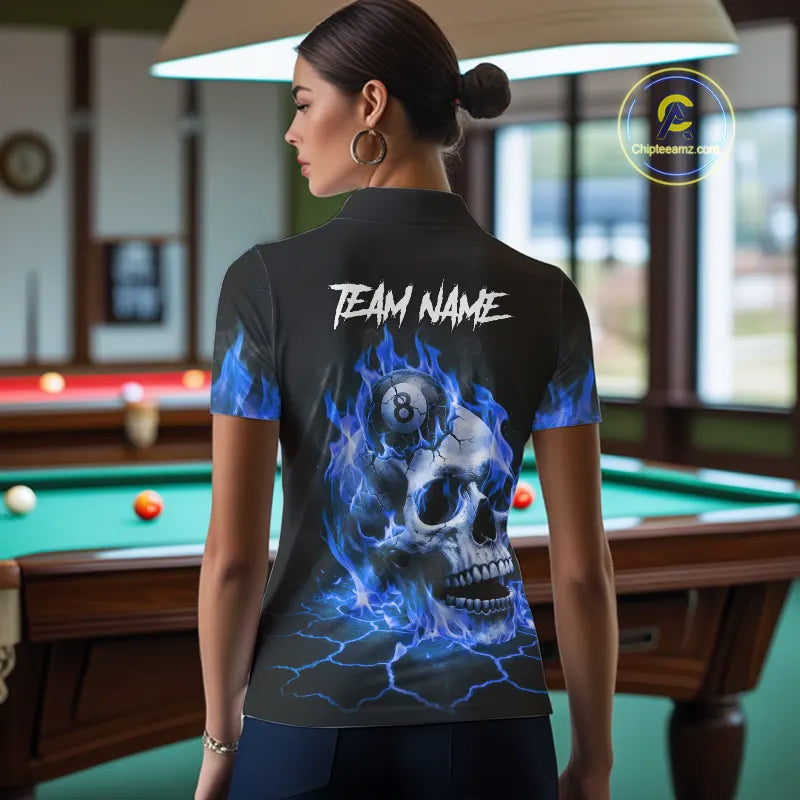 Blue Flaming Skull 8 Ball Billiard Shirt For Women Custom Pool Team Jersey Polo & Quarter Zip TDM5422