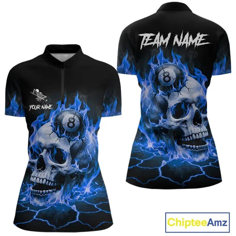 Blue Flaming Skull 8 Ball Billiard Shirt For Women Custom Pool Team Jersey Polo & Quarter Zip TDM5422