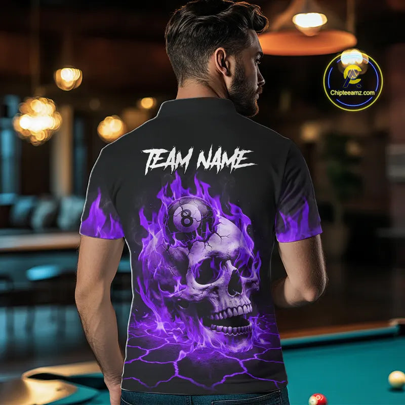 Purple Flaming Skull 8 Ball Billiard Shirt For Men Custom Pool Team Jersey Polo & Quarter Zip TDM5423