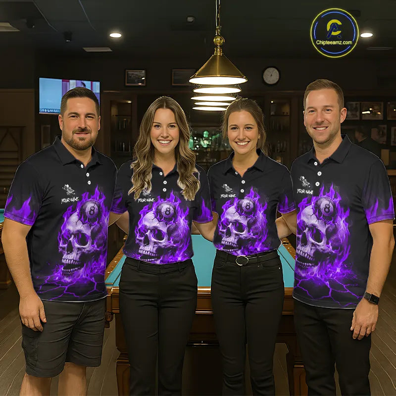 Purple Flaming Skull 8 Ball Billiard Shirt For Men Custom Pool Team Jersey Polo & Quarter Zip TDM5423