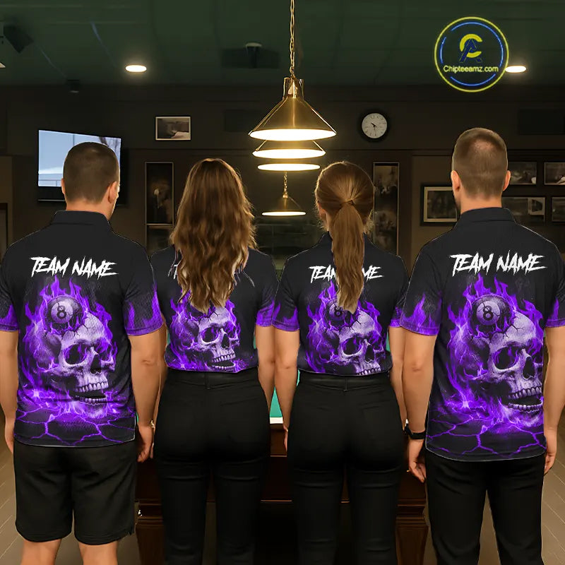 Purple Flaming Skull 8 Ball Billiard Shirt For Men Custom Pool Team Jersey Polo & Quarter Zip TDM5423