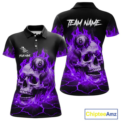 Purple Flaming Skull 8 Ball Billiard Shirt For Women Custom Pool Team Jersey Polo & Quarter Zip TDM5423