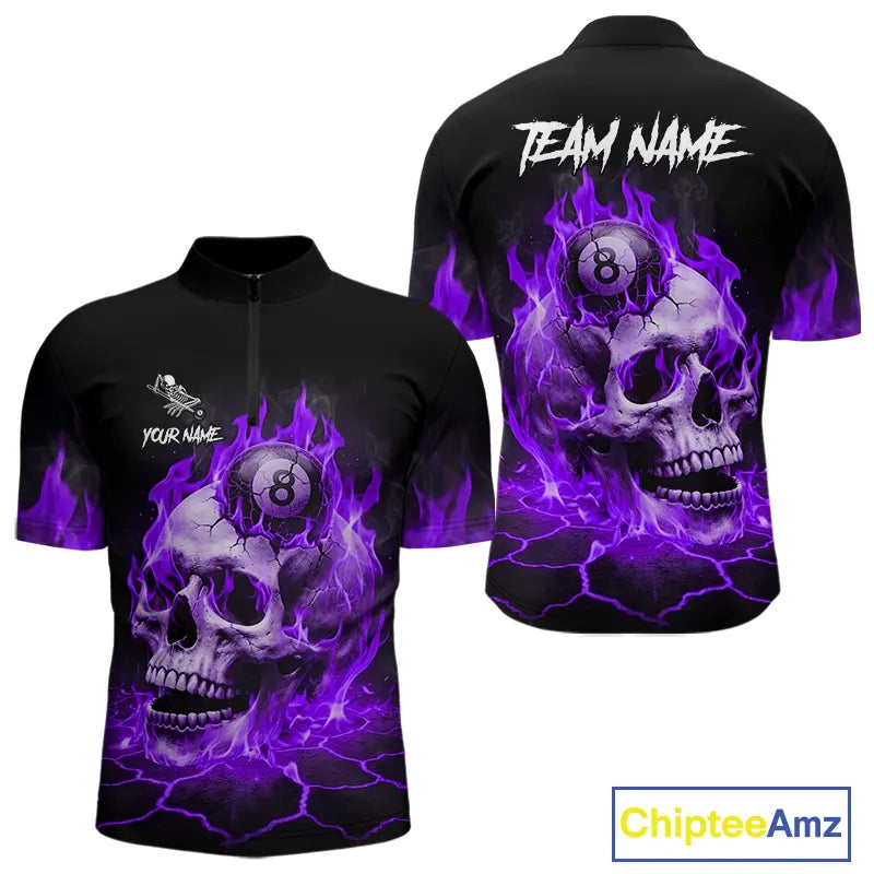 Purple Flaming Skull 8 Ball Billiard Shirt For Men Custom Pool Team Jersey Polo & Quarter Zip TDM5423