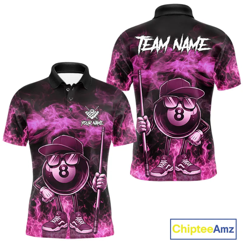 Pink Funny 8 Ball Pool Flame Smoke Billiard Shirt For Men Custom Billiard Team Jersey Uniform TDM5693