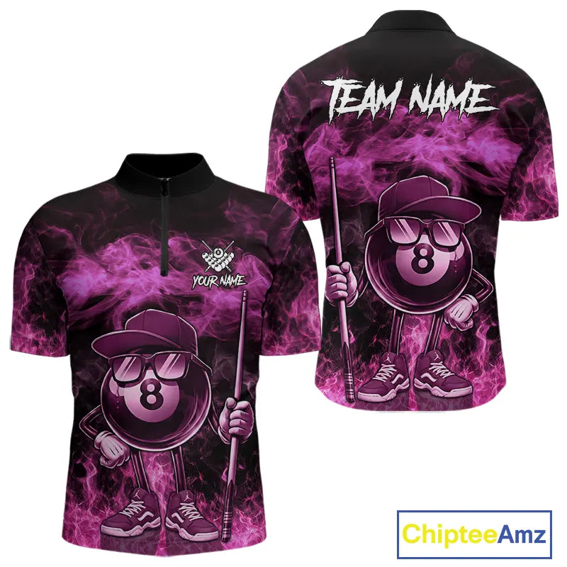 Pink Funny 8 Ball Pool Flame Smoke Billiard Shirt For Men Custom Billiard Team Jersey Uniform TDM5693
