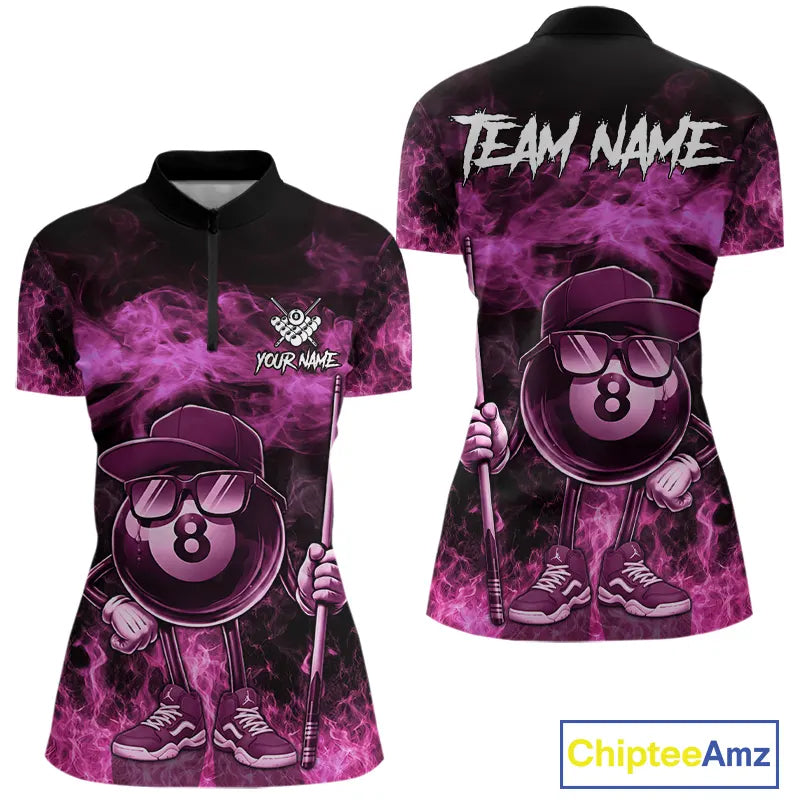 Pink Funny 8 Ball Pool Flame Smoke Billiard Shirt For Women Custom Billiard Team Jersey Uniform TDM5693