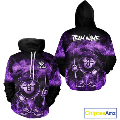 Purple Funny 8 Ball Pool Flame Smoke Billiard Hoodie For Men And Women Custom 8 Ball Hoodie Jersey TDM5694