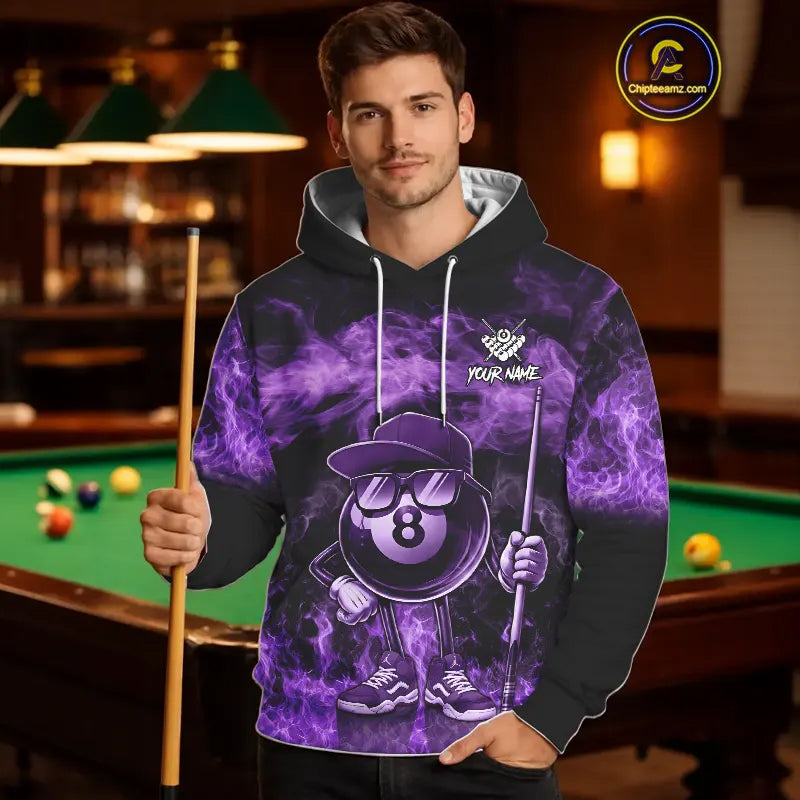 Purple Funny 8 Ball Pool Flame Smoke Billiard Hoodie For Men And Women Custom 8 Ball Hoodie Jersey TDM5694